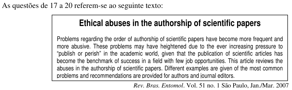 Texto das questões 17 a 20 — resumo de artigo sobre abusos na autoria de artigos científicos