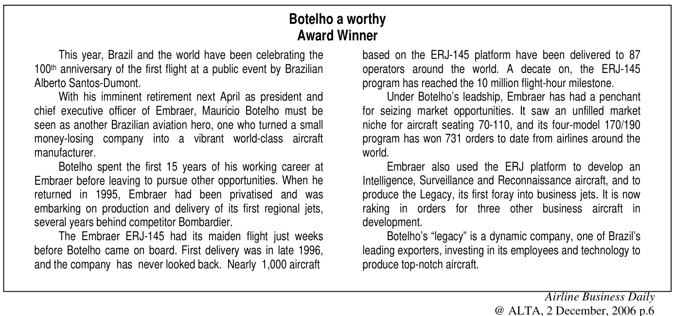 Texto sobre Maurício Botelho como ganhador de prêmio, descrevendo sua carreira na Embraer e o sucesso da empresa com o modelo ERJ-145