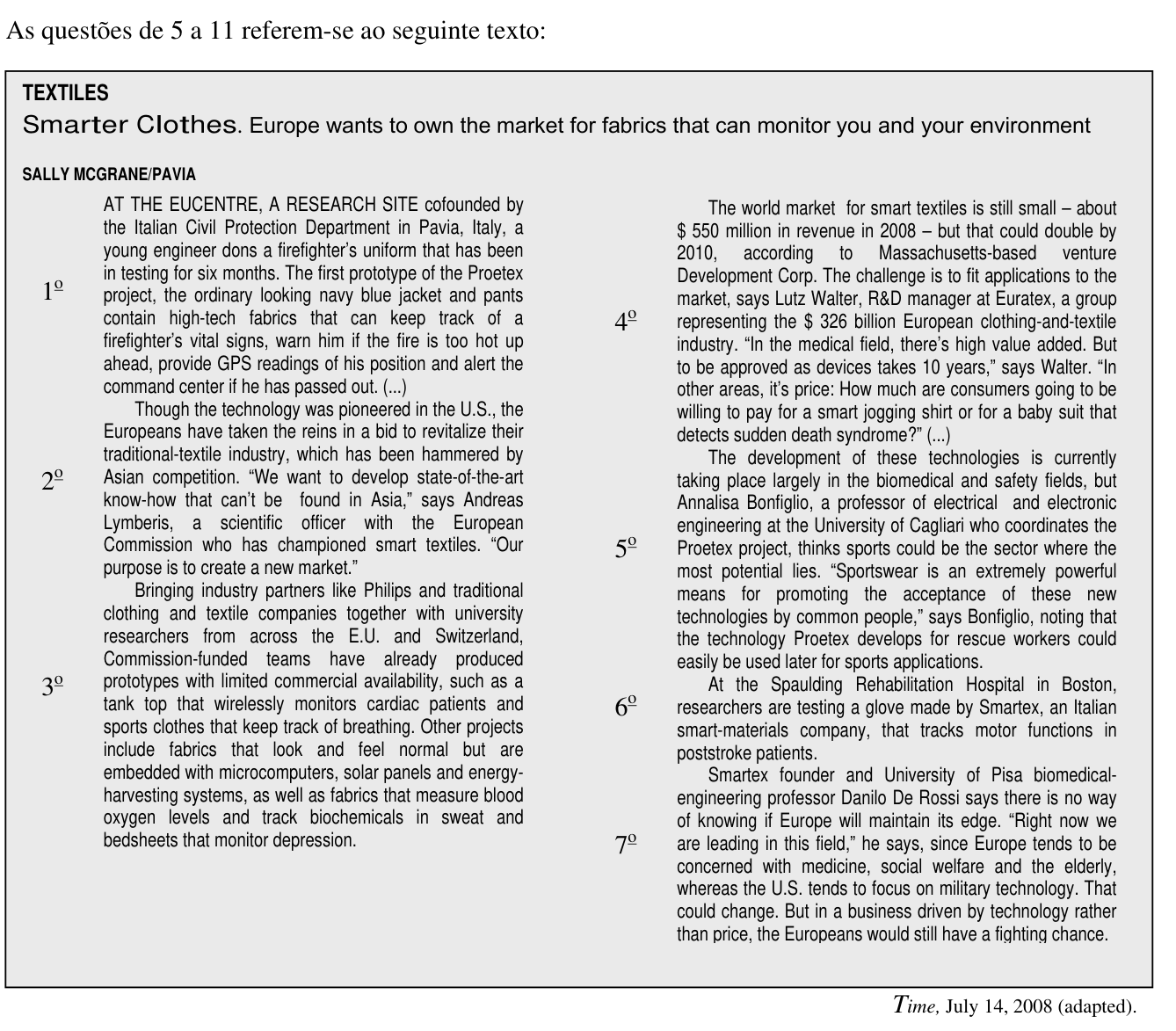 Texto das questões 5 a 11 — artigo da Time sobre tecidos inteligentes (Smarter Clothes)