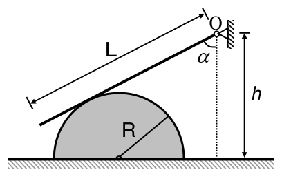 Corte lateral mostrando um semicilindro de raio R apoiado num plano horizontal, com uma barra de comprimento L articulada no ponto O, formando ângulo α com a vertical, apoiada na superfície do semicilindro