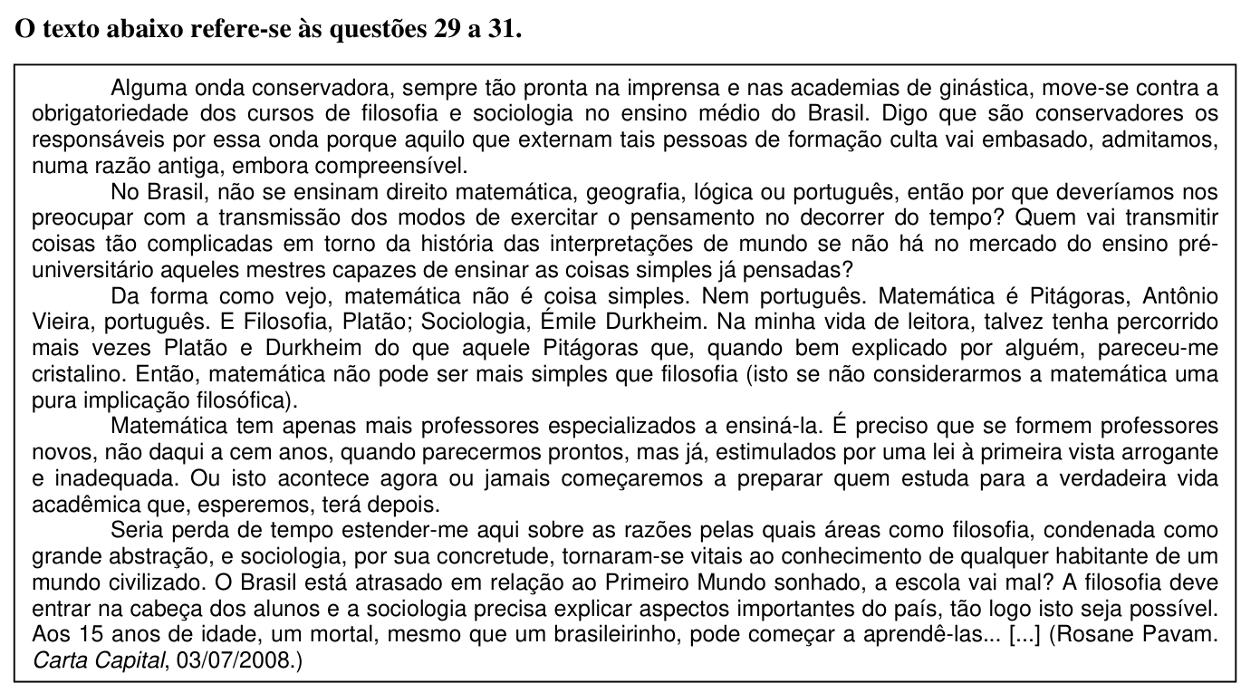 Texto das questões 29 a 31 — artigo de Rosane Pavam sobre filosofia e sociologia no ensino médio