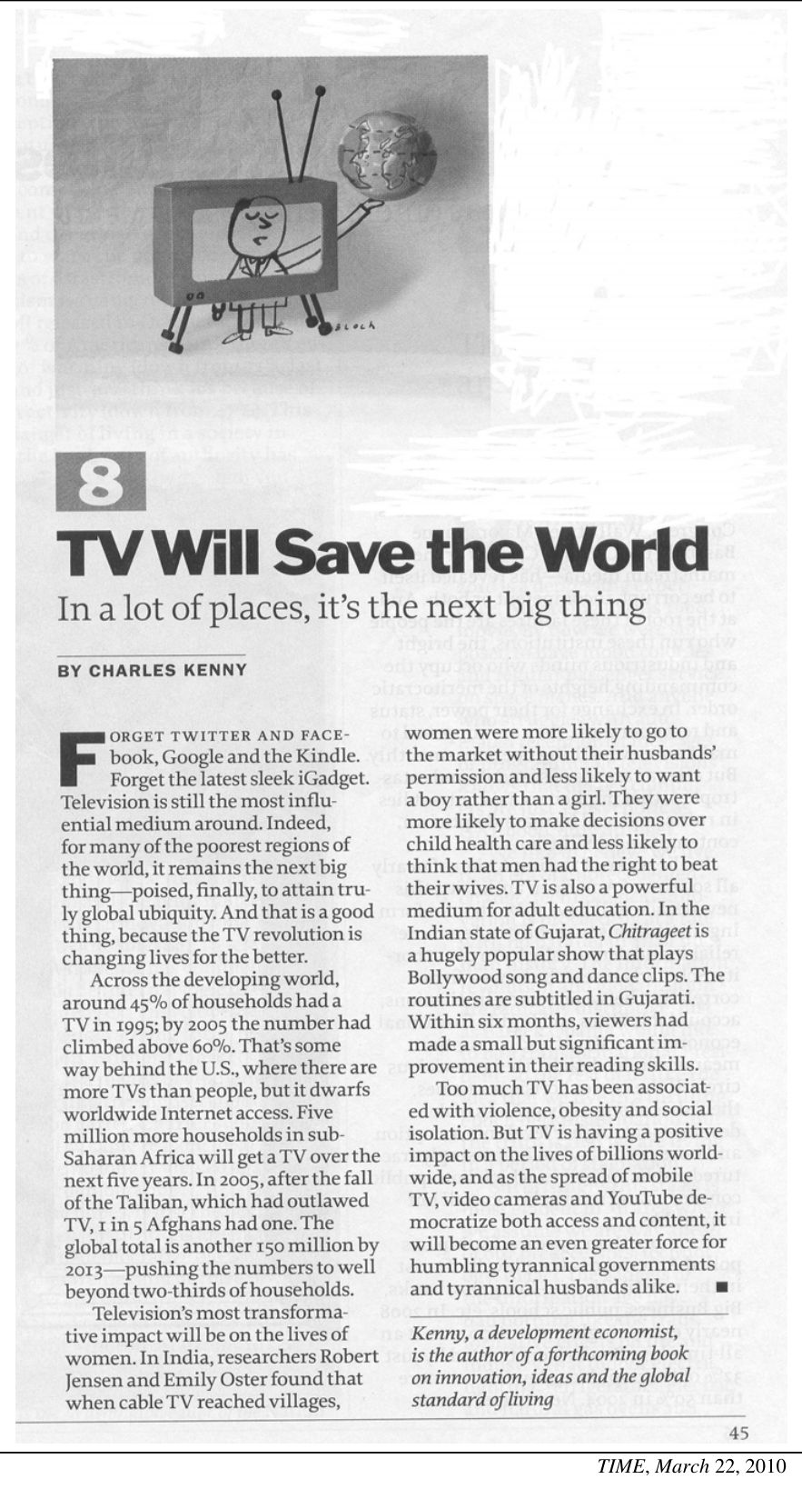 Texto (questões 1 a 3) — artigo da TIME "TV Will Save the World", de Charles Kenny