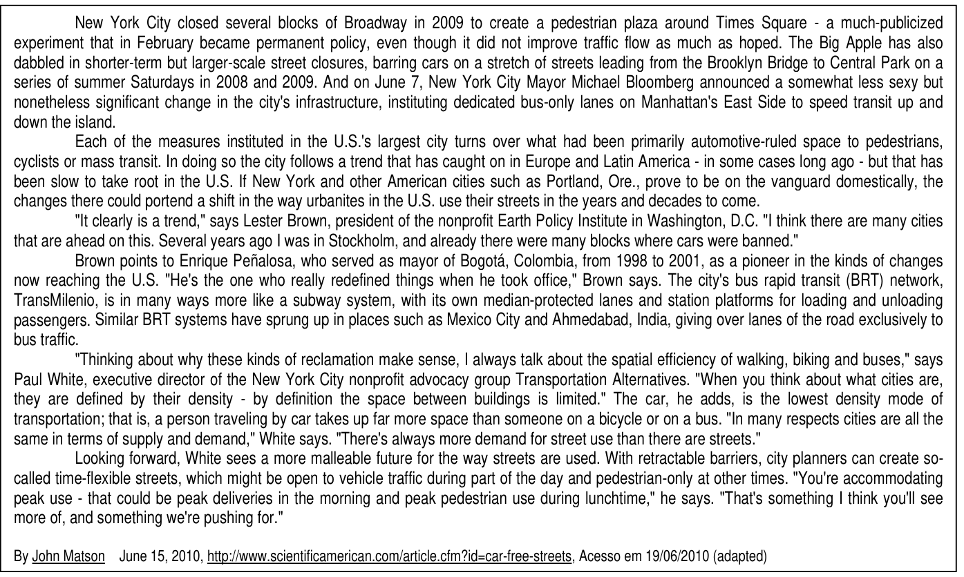 Texto (questões 13 a 17) — artigo da Scientific American sobre ruas sem carros nas cidades