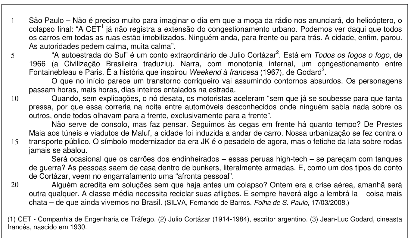 Texto (questões 28 a 33) — crônica de Fernando de Barros e Silva sobre o colapso do trânsito em São Paulo