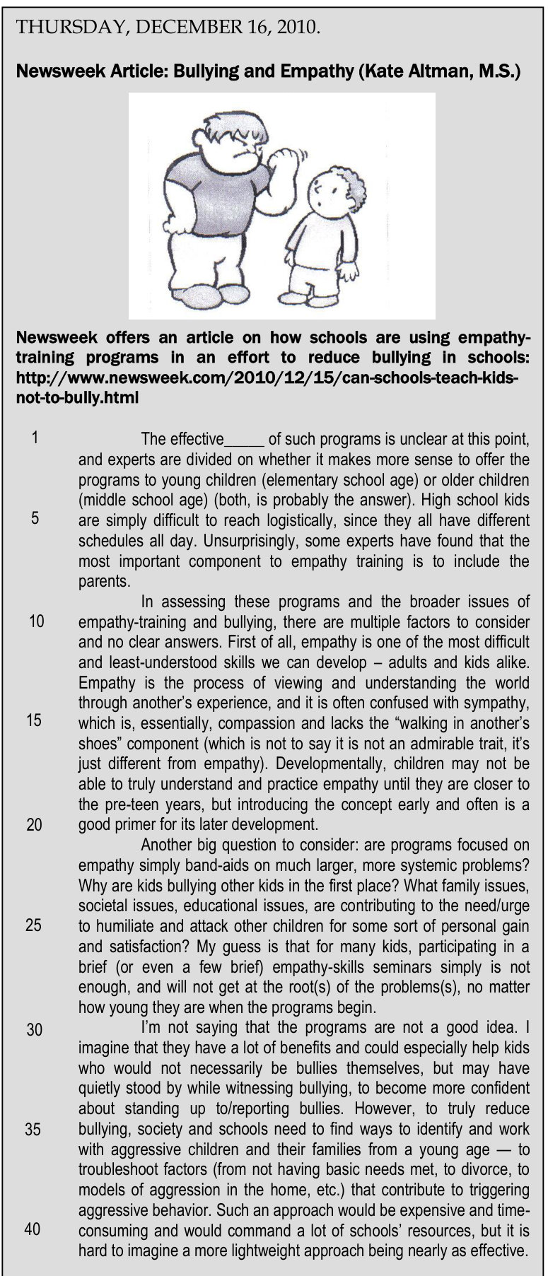 Texto (questões 1 a 3) — artigo "Bullying and Empathy", de Kate Altman