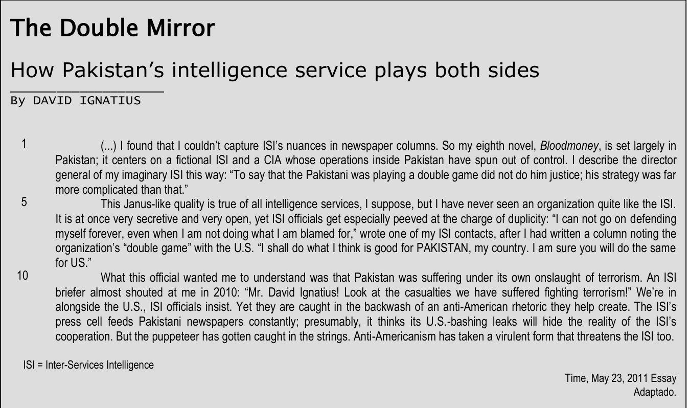 Texto (questões 13 a 18) — "The Double Mirror", de David Ignatius, sobre o serviço de inteligência do Paquistão