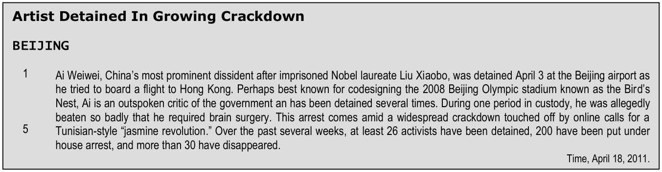 Texto (questões 19 e 20) — "Artist Detained In Growing Crackdown", sobre a detenção de Ai Weiwei
