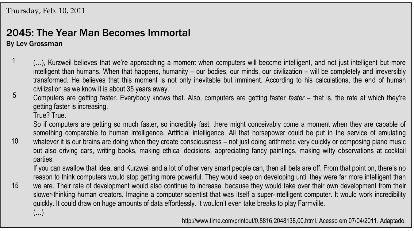 Texto (questões 6 a 8) — artigo da TIME "2045: The Year Man Becomes Immortal", de Lev Grossman