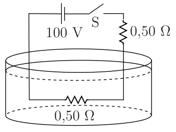 Circuito com fonte de 100V, chave S e dois resistores de 0,50Ω cada, um deles imerso em recipiente com água