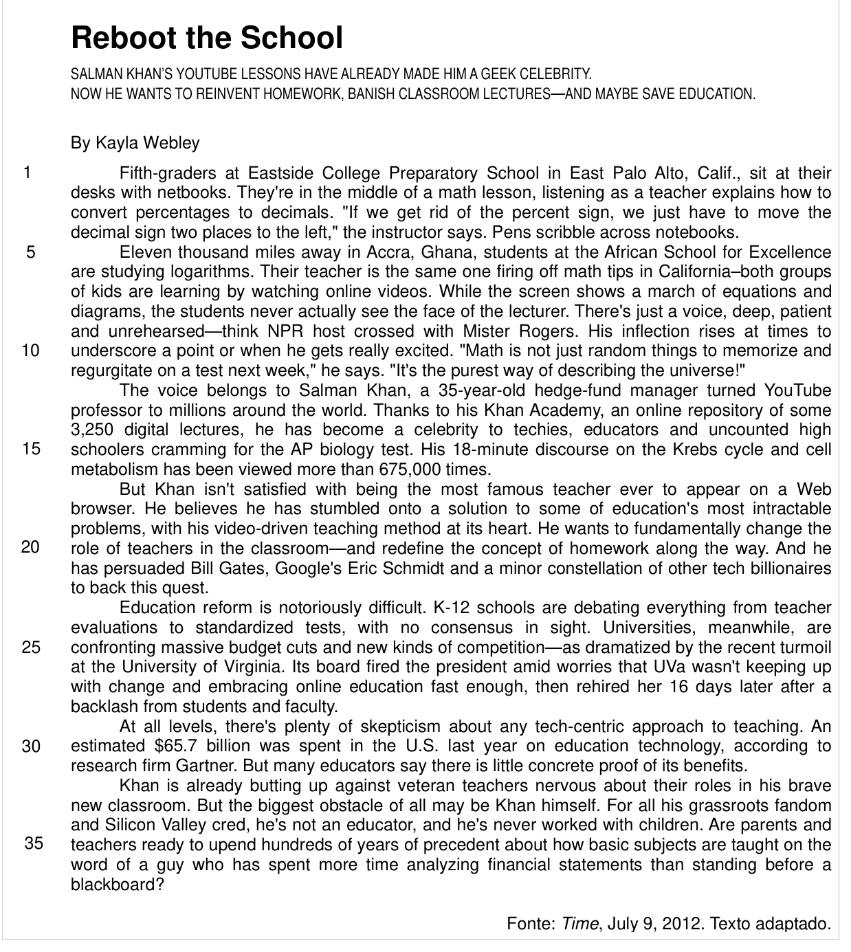 Texto (questões 14 a 20) — reportagem da Time sobre Salman Khan e a Khan Academy