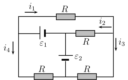 Circuito elétrico com quatro resistores R e dois geradores ε1 e ε2, mostrando correntes i1, i2, i3 e i4