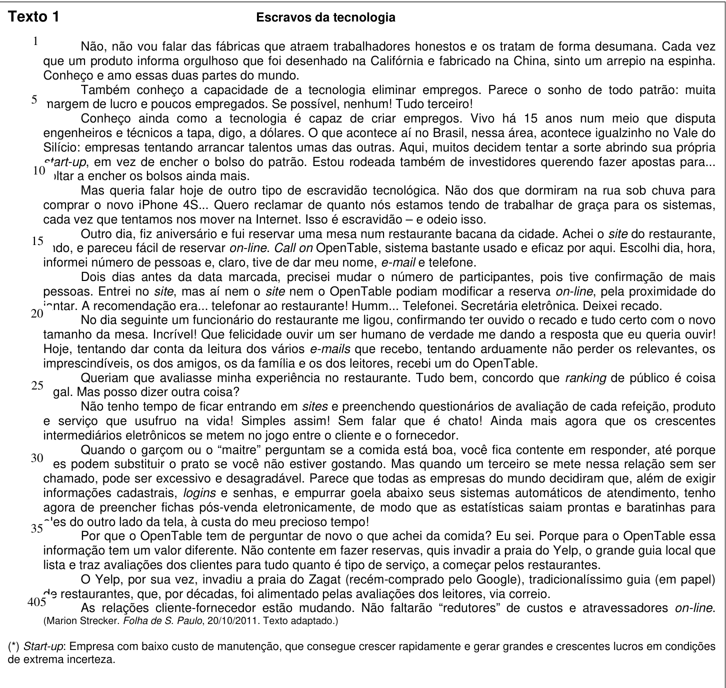 Texto 1 — crônica de Marion Strecker sobre a "escravidão tecnológica"