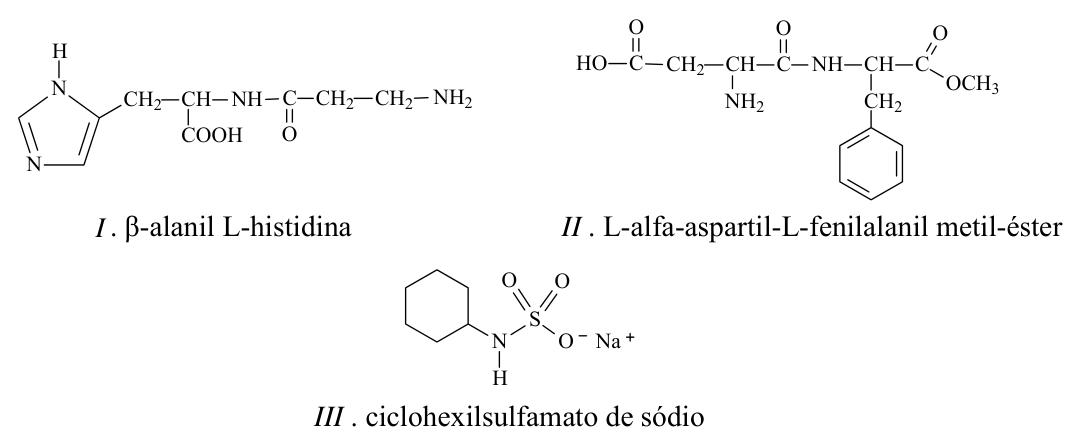 Fórmulas estruturais: I. β-alanil L-histidina, II. L-alfa-aspartil-L-fenilalanil metil-éster, III. ciclohexilsulfamato de sódio