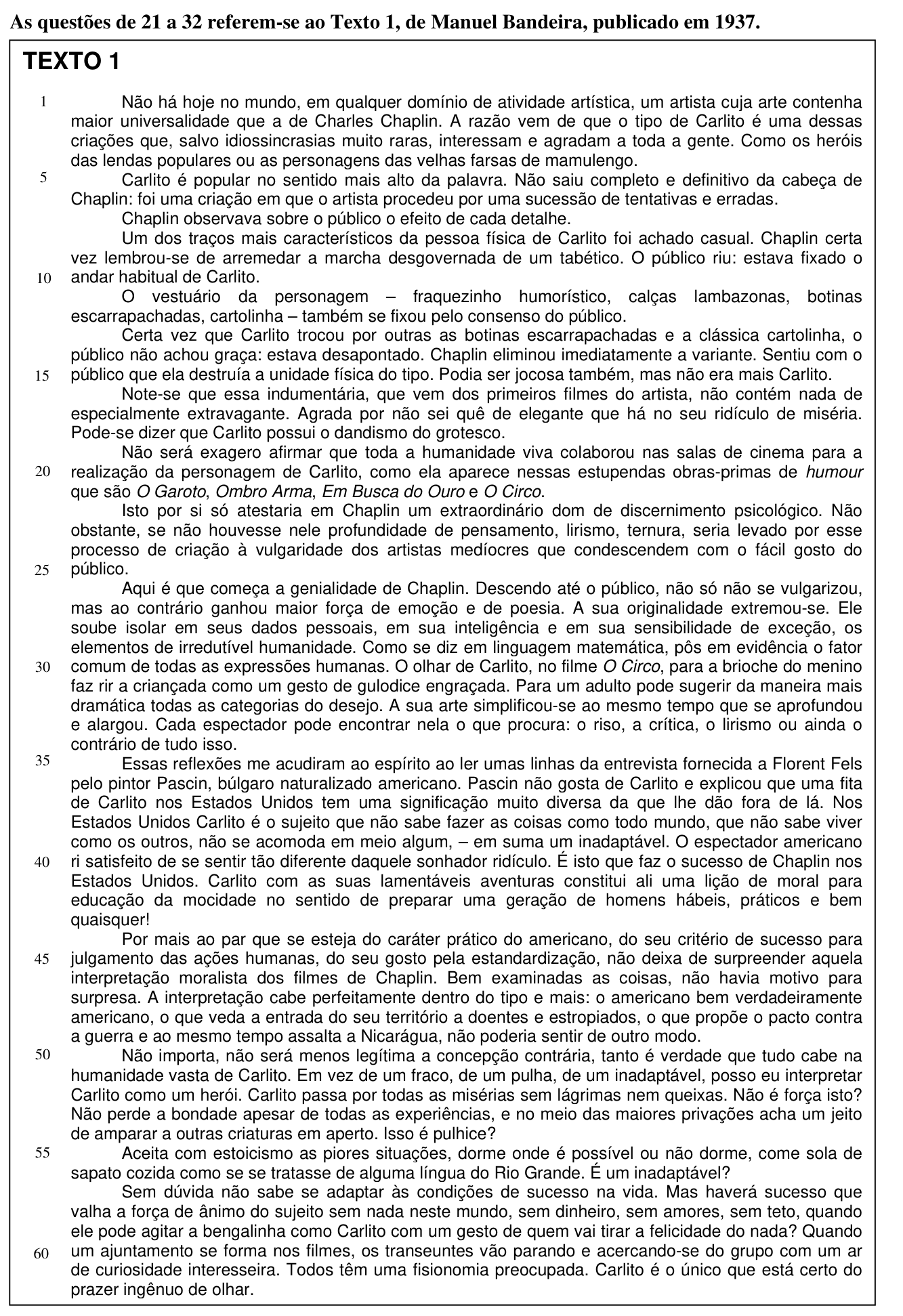 Texto 1 — crônica de Manuel Bandeira sobre Chaplin e Carlito