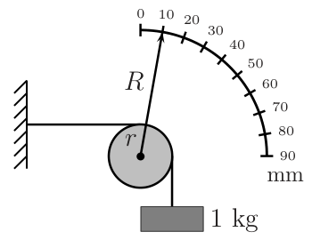 Dispositivo com polia, ponteiro, escala semicircular e massa de 1 kg para medir módulo de elasticidade