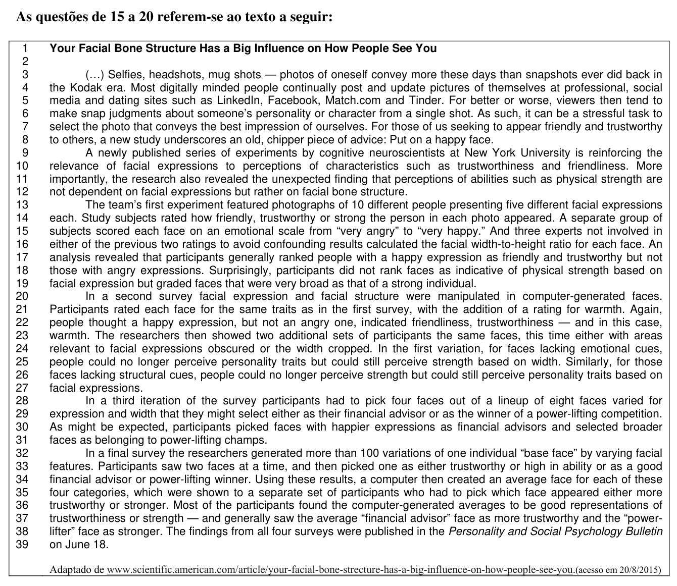 Texto (questões 15 a 20) — artigo sobre a estrutura óssea facial e a percepção das pessoas