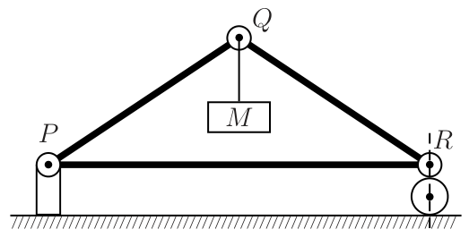 Estrutura triangular isósceles com pinos P, Q e R, massa M suspensa em Q, base de 6,0 m e altura de 4,0 m