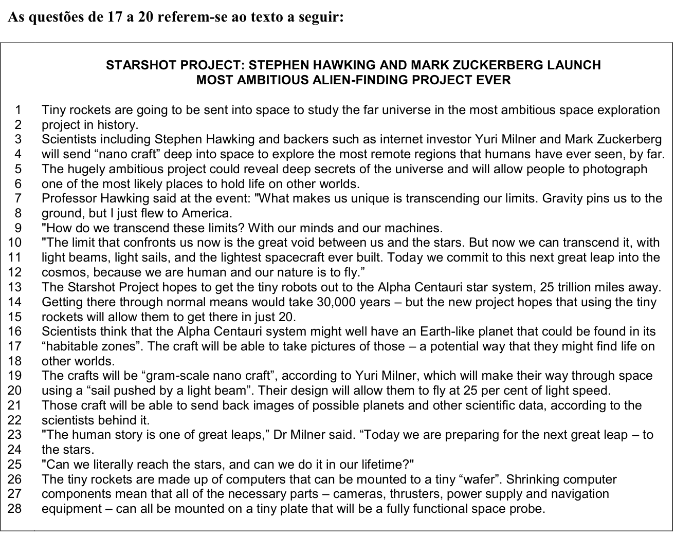 Texto (questões 17 a 20) — Starshot Project, parte 1