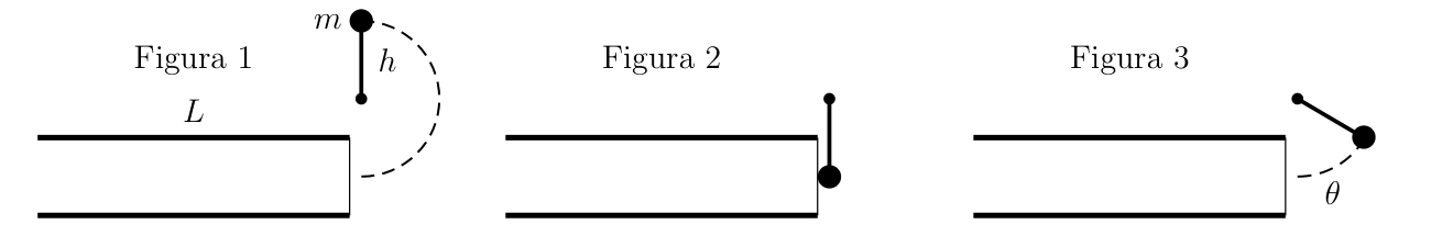 Figuras 1, 2 e 3: pêndulo solto da vertical, colisão com a membrana do tubo de comprimento L e recuo até o ângulo θ