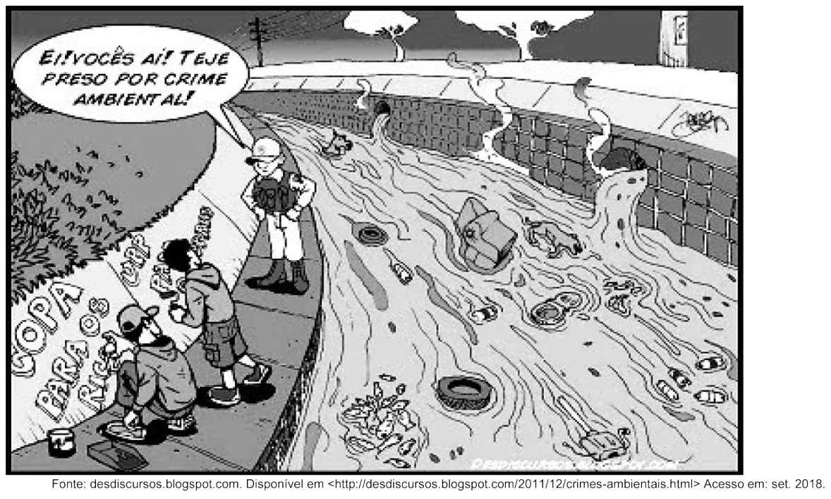 Charge mostrando um personagem dizendo 'Ei, vocês aí! Teje preso por crime ambiental!' para pessoas pichando, enquanto ao fundo há uma grande poluição industrial