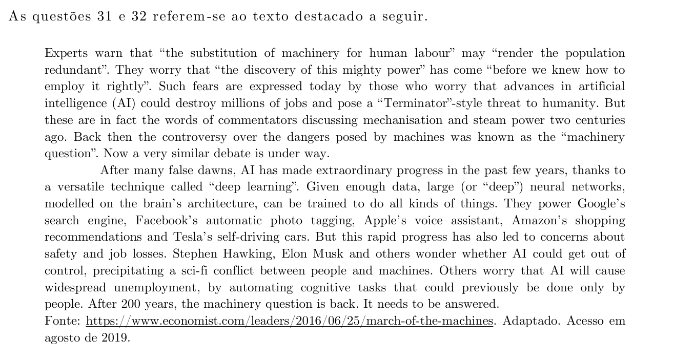 Texto (questões 31 e 32) — editorial da Economist sobre IA e a "questão das máquinas"