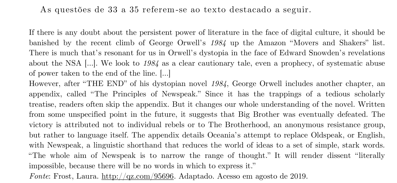 Texto (questões 33 a 35) — artigo sobre o apêndice "The Principles of Newspeak" de 1984