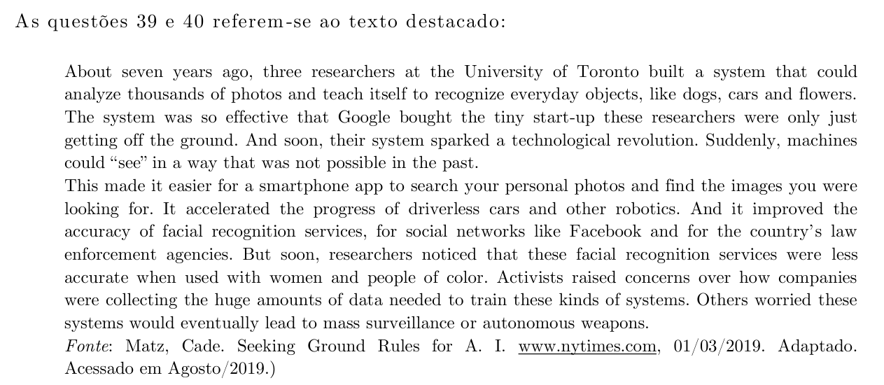 Texto (questões 39 e 40) — artigo do NYT sobre reconhecimento de imagens e ética da IA