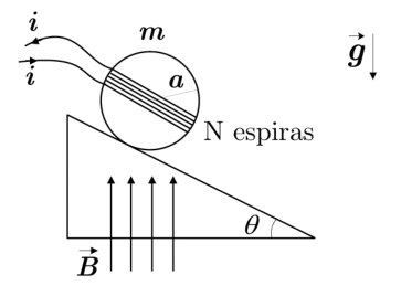 Cilindro com N espiras em um plano inclinado com ângulo θ, campo magnético B vertical e corrente i