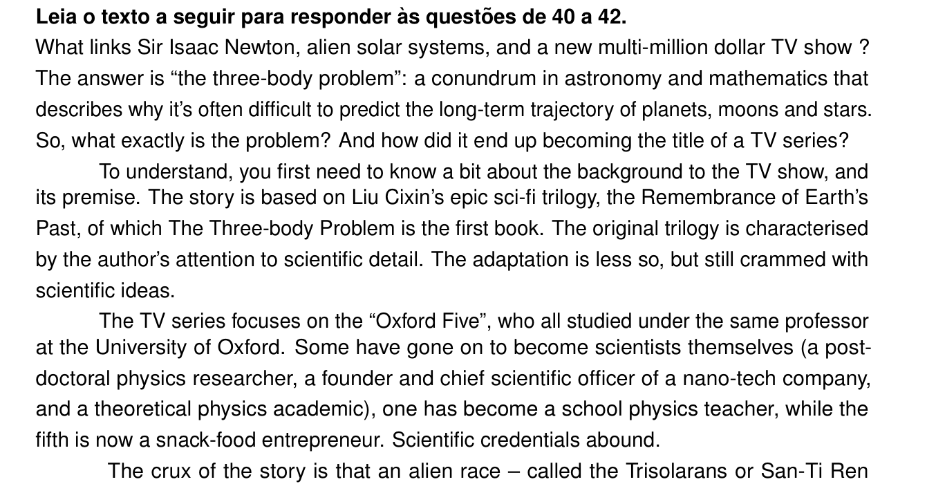 Texto (questões 40 a 42) — artigo da BBC sobre o problema dos três corpos e a série de TV