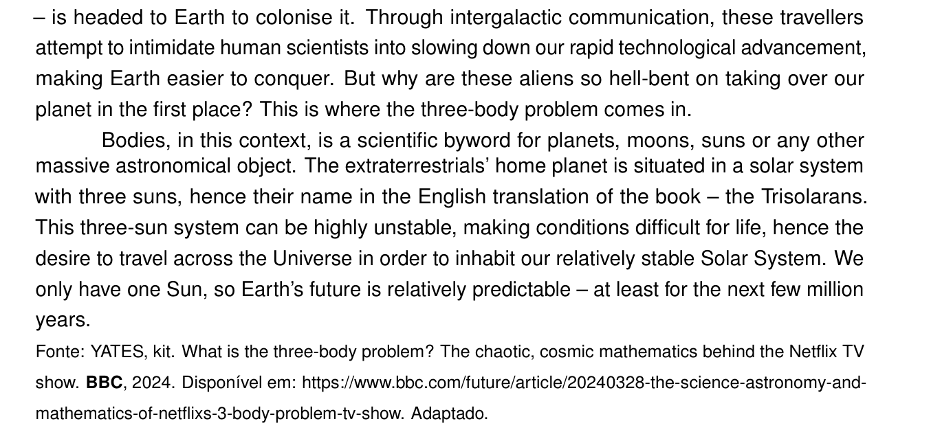 Texto (questões 40 a 42) — artigo da BBC sobre o problema dos três corpos e a série de TV